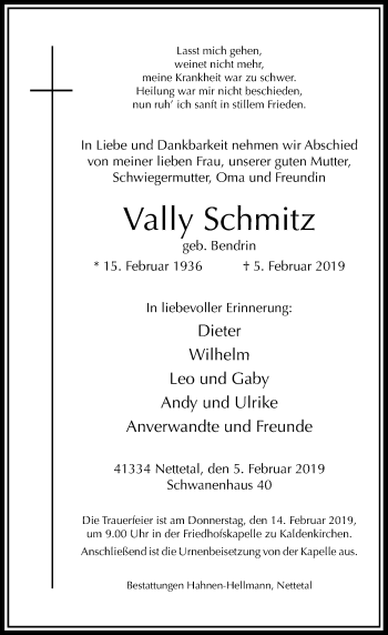 Traueranzeige von Vally Schmitz von Rheinische Post
