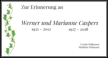 Traueranzeige von Werner und Marianne Caspers von Rheinische Post