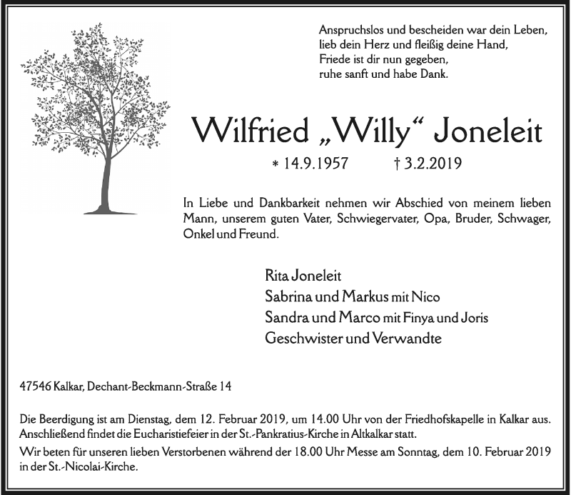  Traueranzeige für Wilfried Joneleit vom 07.02.2019 aus Rheinische Post