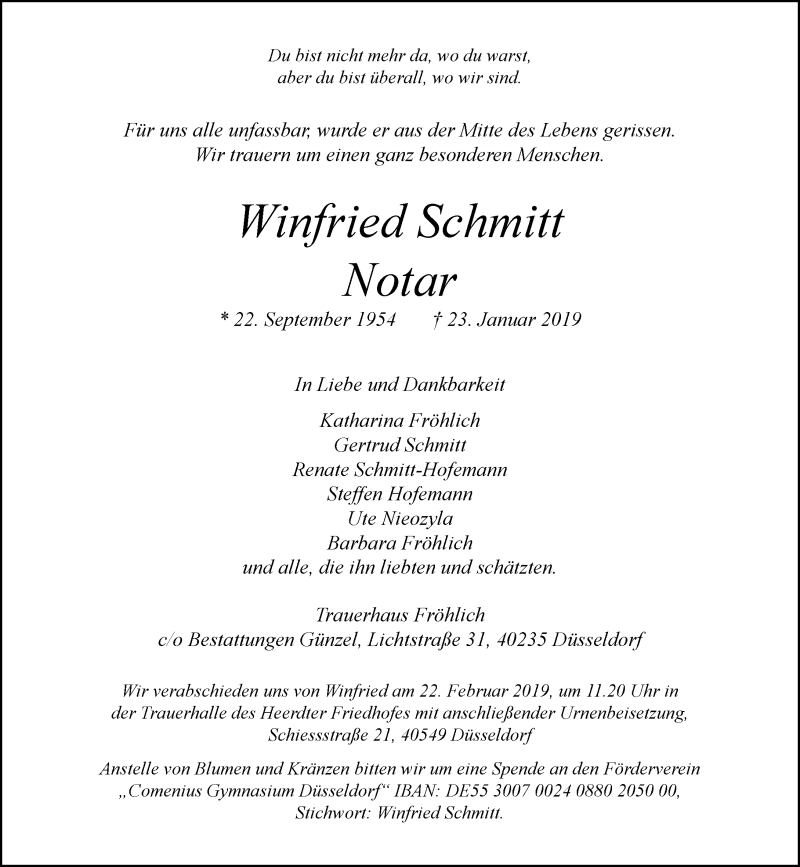  Traueranzeige für Winfried Schmitt vom 09.02.2019 aus Rheinische Post