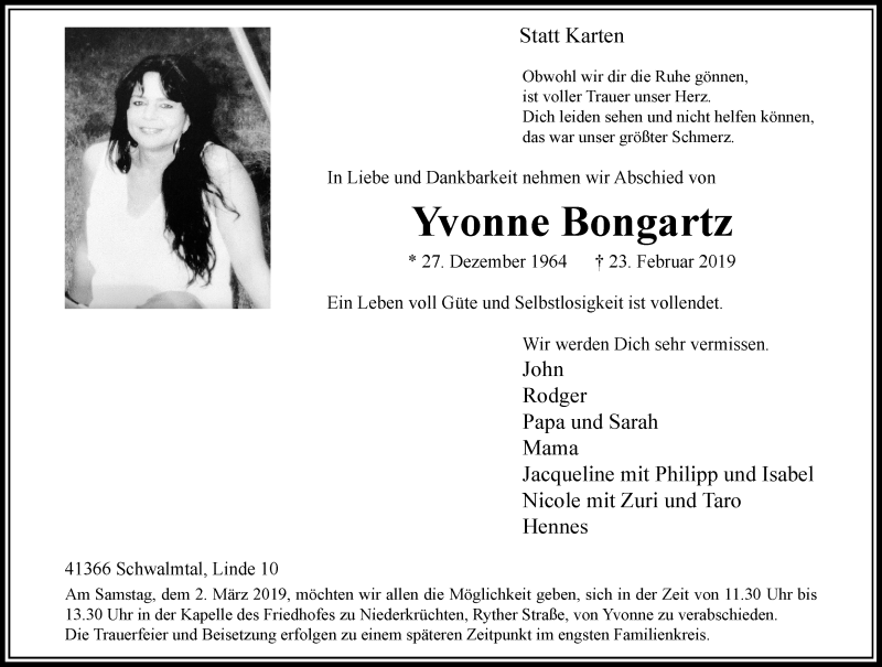  Traueranzeige für Yvonne Bongartz vom 27.02.2019 aus Rheinische Post