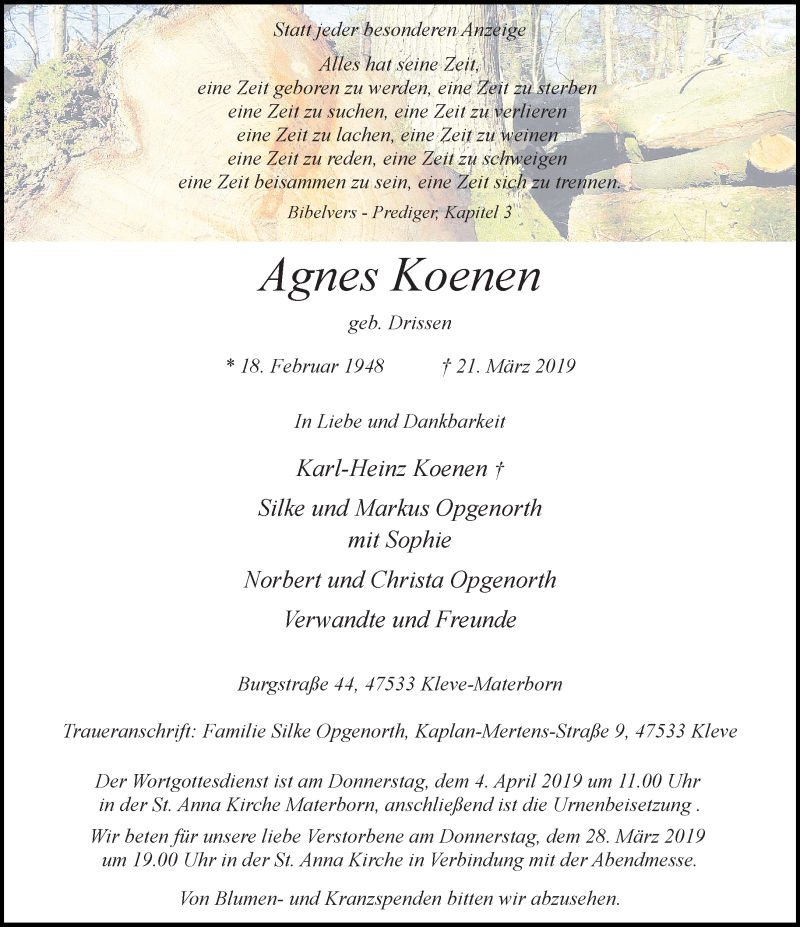  Traueranzeige für Agnes Koenen vom 27.03.2019 aus Rheinische Post