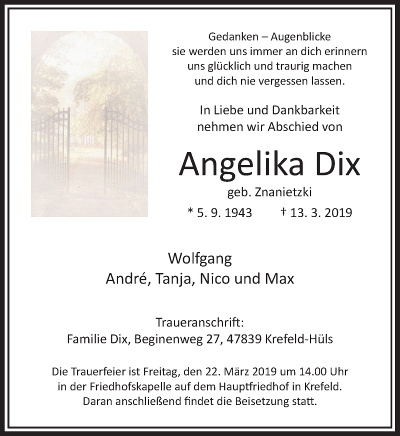  Traueranzeige für Angelika Dix vom 16.03.2019 aus Rheinische Post