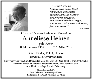 Traueranzeige von Anneliese Heinen von Rheinische Post