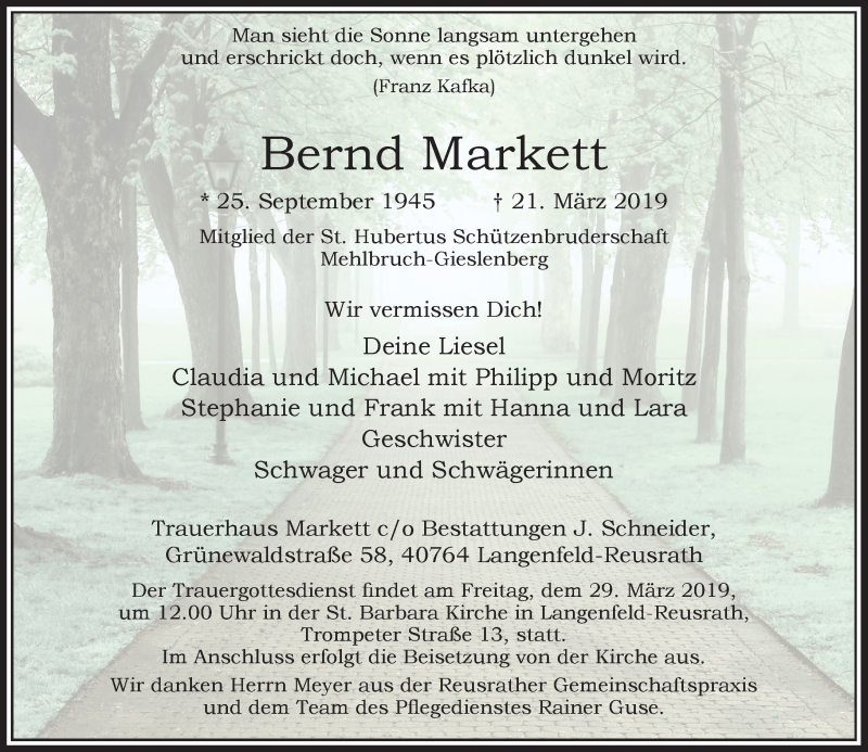  Traueranzeige für Bernd Markett vom 26.03.2019 aus Rheinische Post
