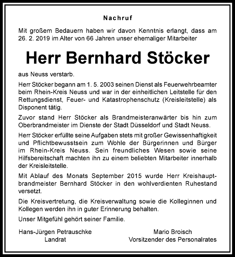  Traueranzeige für Bernhard Stöcker vom 14.03.2019 aus Rheinische Post