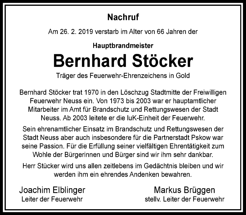  Traueranzeige für Bernhard Stöcker vom 09.03.2019 aus Rheinische Post