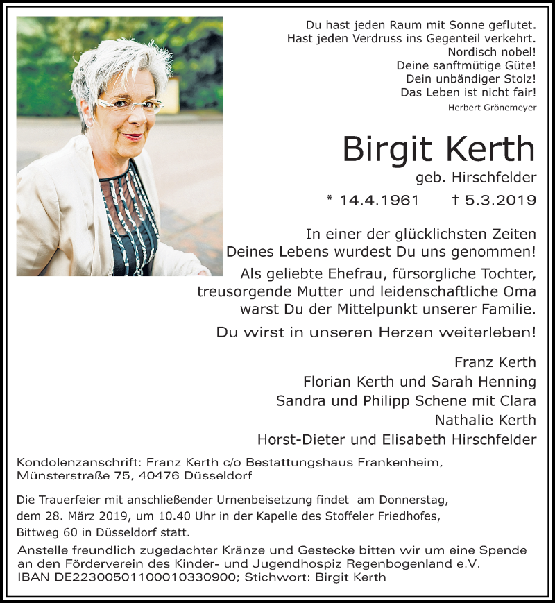  Traueranzeige für Birgit Kerth vom 16.03.2019 aus Rheinische Post