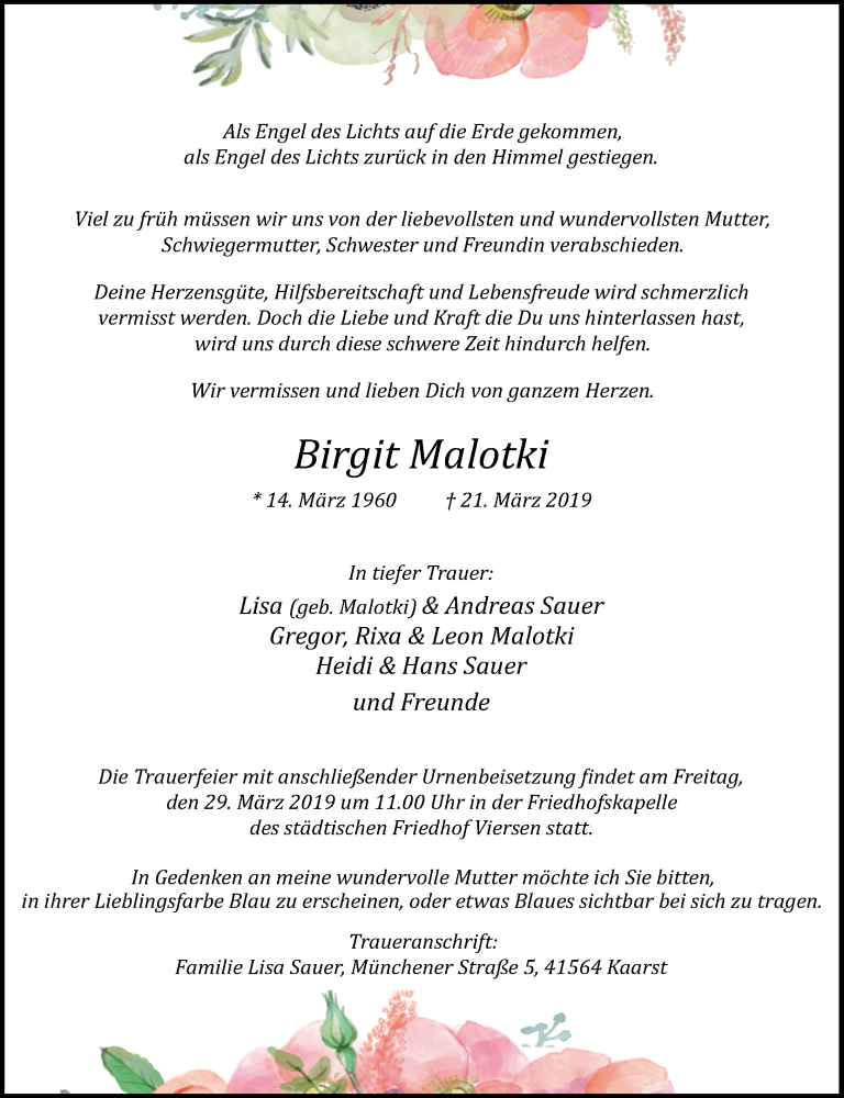  Traueranzeige für Birgit Malotki vom 27.03.2019 aus Rheinische Post