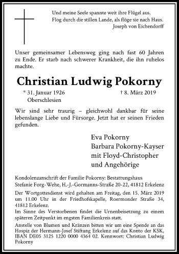 Traueranzeige von Christian Ludwig Pokorny von Rheinische Post