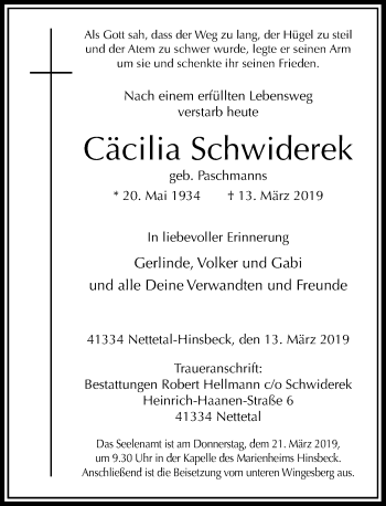 Traueranzeige von Cäcilia Schwiderek von Rheinische Post