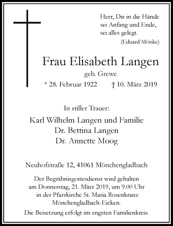 Todesanzeige von Elisabeth Langen von Rheinische Post