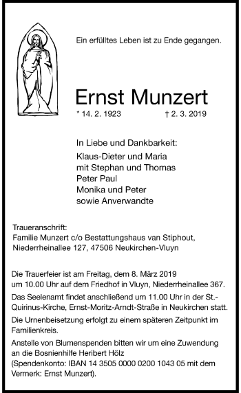 Traueranzeige von Ernst Munzert von Rheinische Post