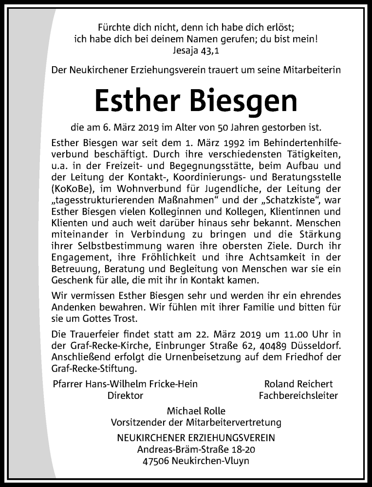  Traueranzeige für Esther Biesgen vom 16.03.2019 aus Rheinische Post