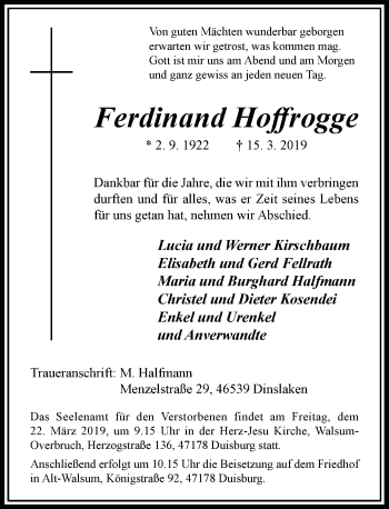 Traueranzeige von Ferdinand Hoffrogge von Rheinische Post
