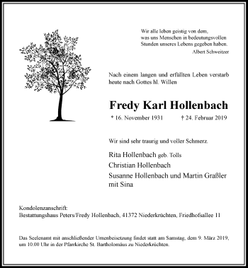 Traueranzeige von Fredy Karl Hollenbach von Rheinische Post