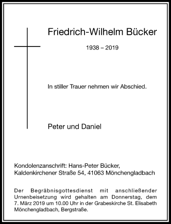 Traueranzeige von Friedrich-Wilhelm Bücker von Rheinische Post