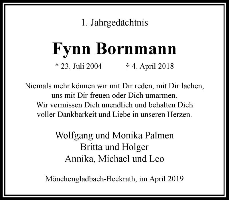  Traueranzeige für Fynn Bornmann vom 30.03.2019 aus Rheinische Post
