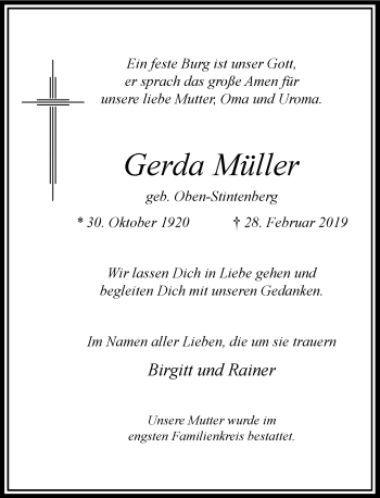 Traueranzeige von Gerda Müller von Rheinische Post