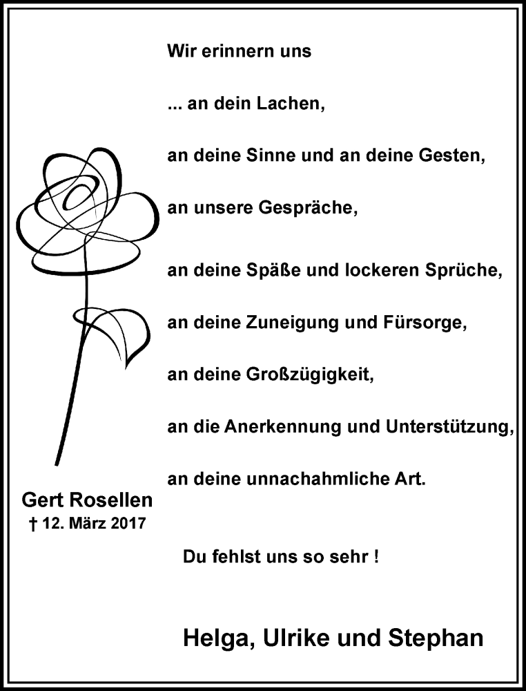  Traueranzeige für Gert Rosellen vom 12.03.2019 aus Rheinische Post