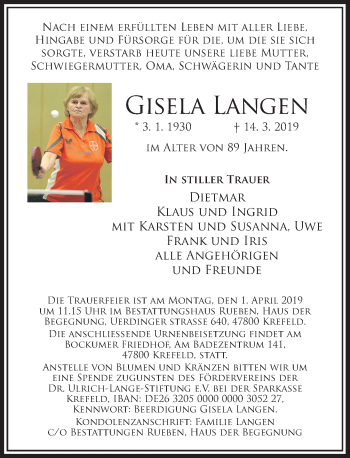 Todesanzeige von Gisela Langen von Rheinische Post