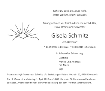Traueranzeige von Gisela Schmitz von Rheinische Post