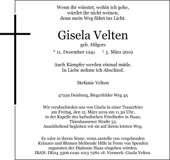 Traueranzeige von Gisela Velten von Rheinische Post