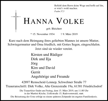Traueranzeige von Hanna Volke von Rheinische Post