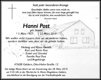 Traueranzeige von Hanni Post von Rheinische Post