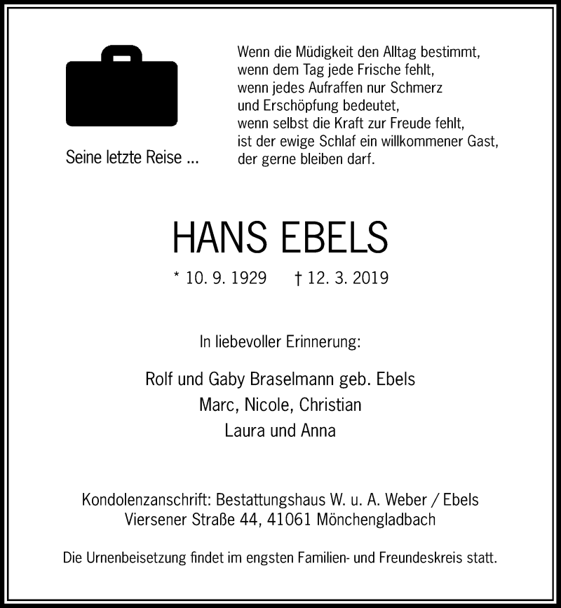  Traueranzeige für Hans Ebels vom 16.03.2019 aus Rheinische Post