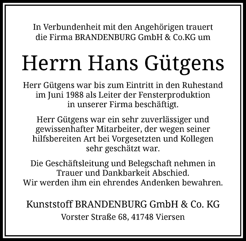  Traueranzeige für Hans Gütgens vom 23.03.2019 aus Rheinische Post