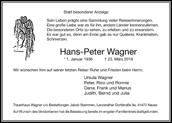 Traueranzeige von Hans-Peter Wagner von Rheinische Post