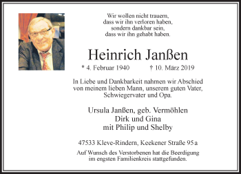 Traueranzeige von Heinrich Janßen von Rheinische Post