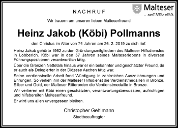 Traueranzeige von Heinz Jakob Pollmanns von Rheinische Post