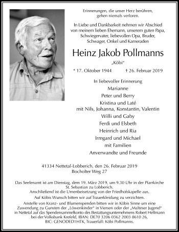 Traueranzeige von Heinz Jakob Pollmanns von Rheinische Post