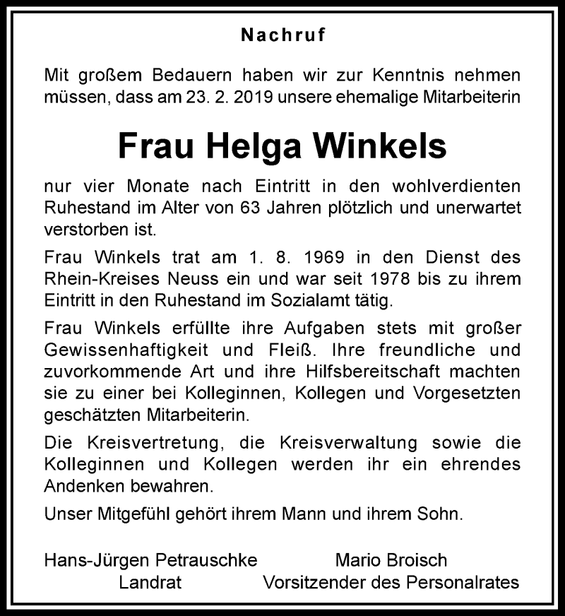  Traueranzeige für Helga Winkels vom 09.03.2019 aus Rheinische Post