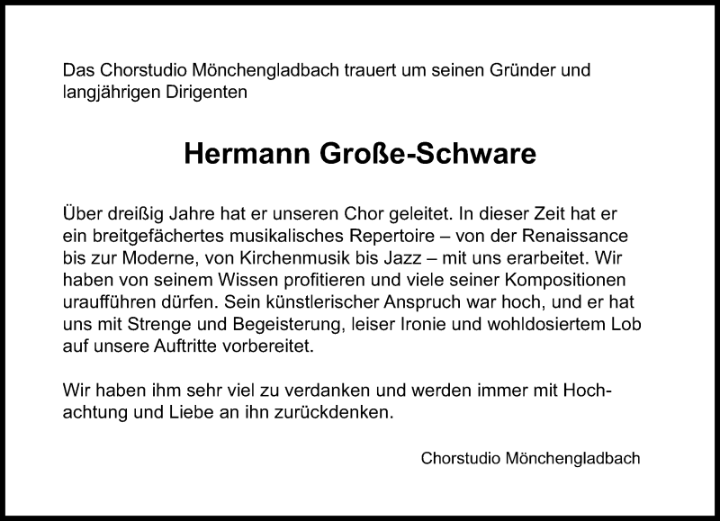  Traueranzeige für Hermann Große-Schware vom 16.03.2019 aus Rheinische Post