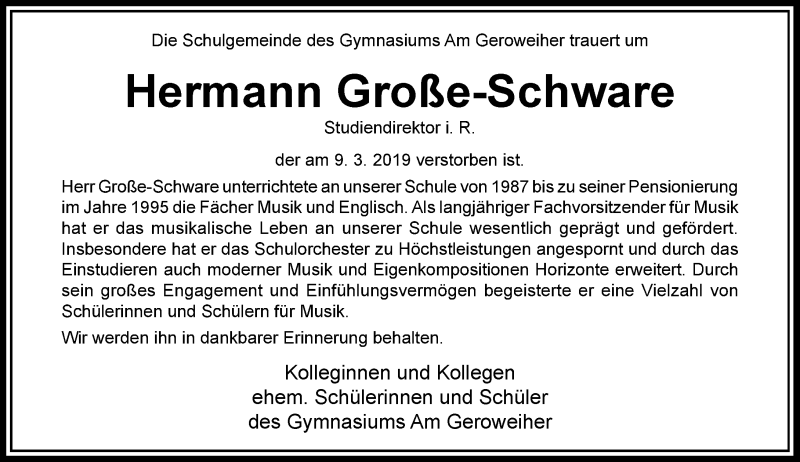  Traueranzeige für Hermann Große-Schware vom 16.03.2019 aus Rheinische Post