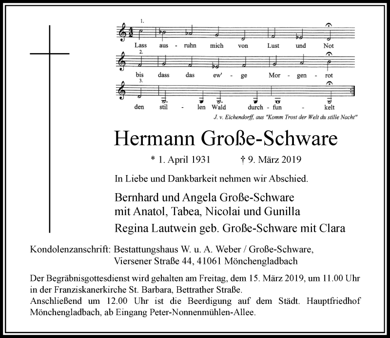  Traueranzeige für Hermann Große-Schware vom 13.03.2019 aus Rheinische Post