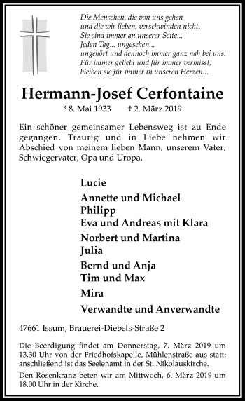 Traueranzeige von Hermann-Josef Cerfontaine von Rheinische Post