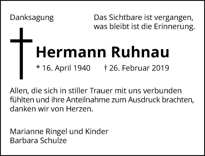  Traueranzeige für Hermann Ruhnau vom 16.03.2019 aus Rheinische Post