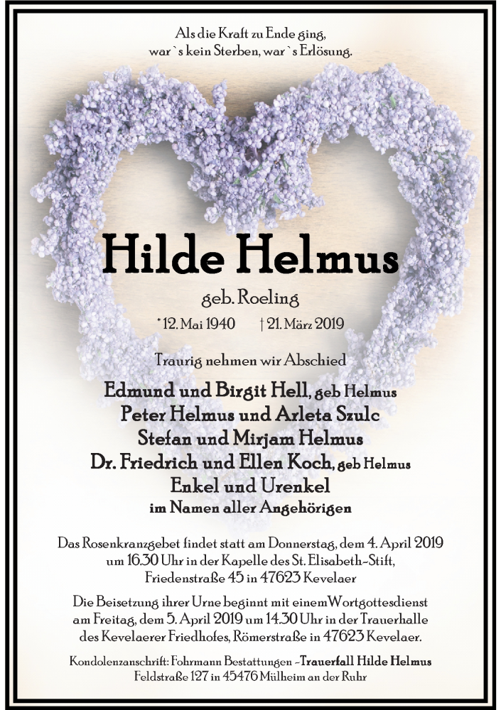  Traueranzeige für Hilde Helmus vom 30.03.2019 aus Rheinische Post
