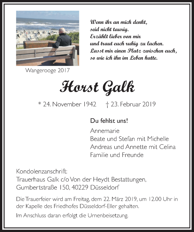  Traueranzeige für Horst Galk vom 16.03.2019 aus Rheinische Post