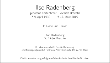 Traueranzeige von Ilse Radenberg von Rheinische Post