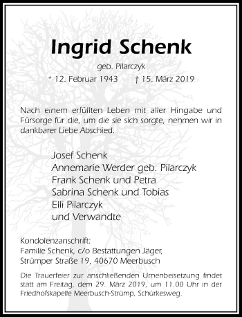 Traueranzeige von Ingrid Schenk von Rheinische Post