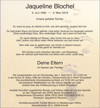 Traueranzeige von Jaqueline Blochel von Rheinische Post
