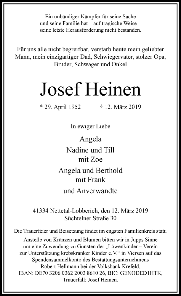  Traueranzeige für Josef Heinen vom 16.03.2019 aus Rheinische Post