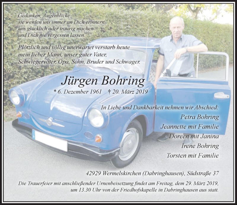  Traueranzeige für Jürgen Bohring vom 26.03.2019 aus Rheinische Post