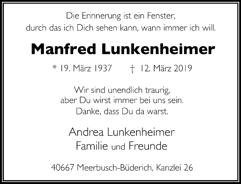  Traueranzeige für Manfred Lunkenheimer vom 16.03.2019 aus Rheinische Post