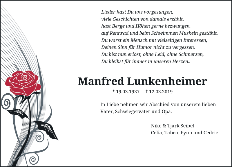  Traueranzeige für Manfred Lunkenheimer vom 16.03.2019 aus Rheinische Post